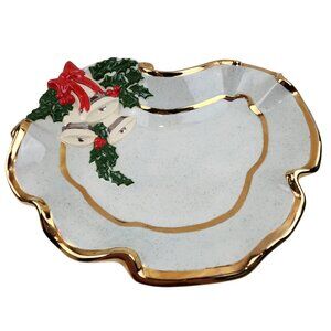 VTG Ceramic Christmas Serving Dish Bells & Holly Gold Trim Signed Dated 1983